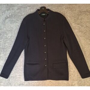 Lauren Ralph Lauren Womens Navy Blue Long Knit Button Front Collarless Jacket L